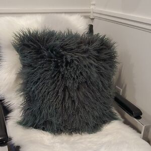 Huge RUDSAK Mongolian Lamb Fluffy Real Fur Hair & Suede Green Accent Pillow